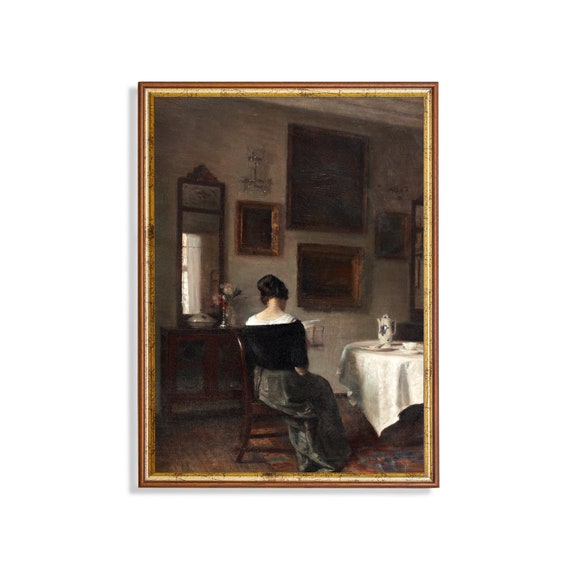 Woman Reading at Breakfast Table, Vintage Portrait Art Print