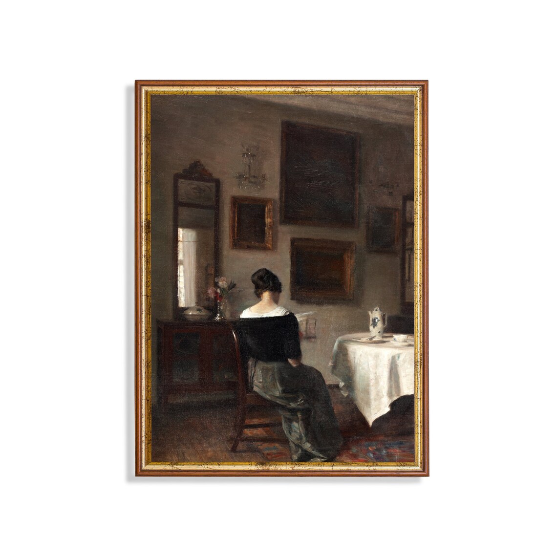 Woman Reading at Breakfast Table, Vintage Portrait Art Print