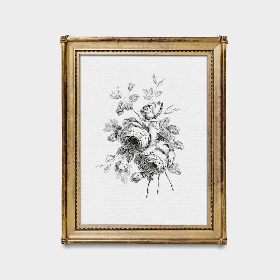 Antique Rose Bouquet Botanical Sketch Black and White Floral Poster - Image 3