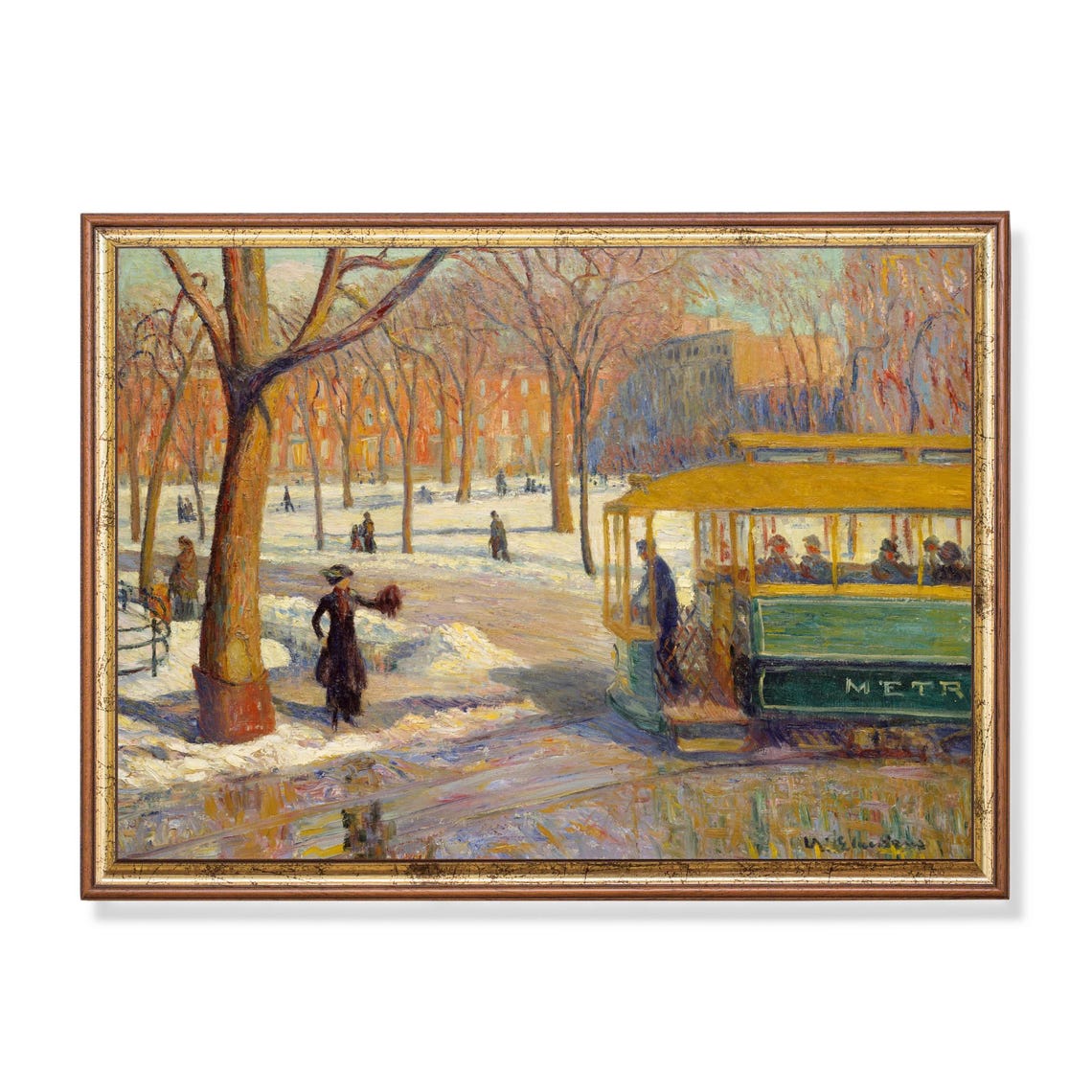 Green Tram in Snowy Park Vintage Streetcar Impressionist Poster