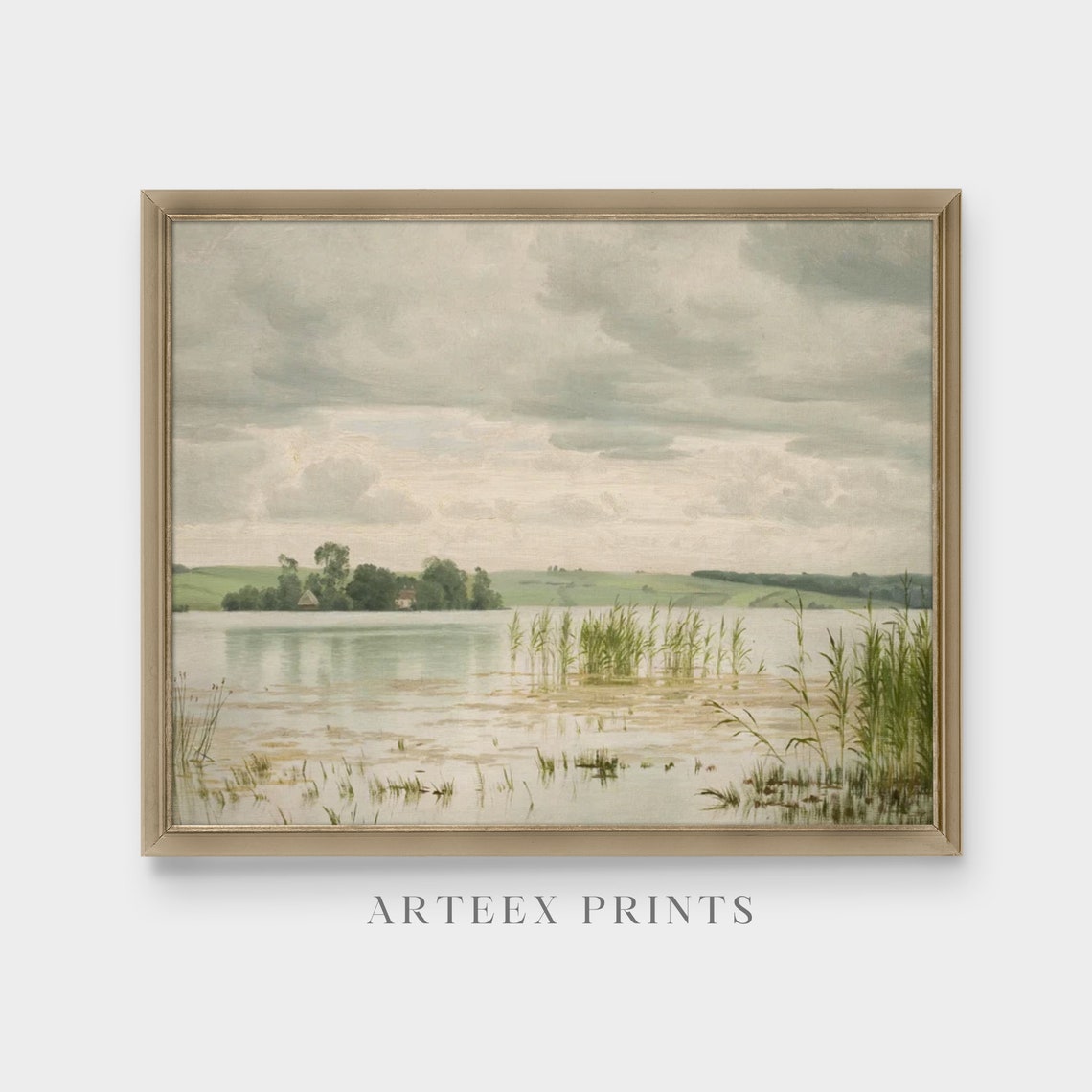 Calm Lake with Reeds Reflected Under a Cloudy Sky Landscape Oil Print - Image 5