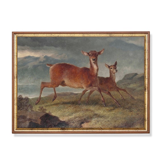 Mailed Print Vintage Deer Painting Antique Animal Print Moody Rustic Art Farmhouse Decor Fine Art Printed And Shipped