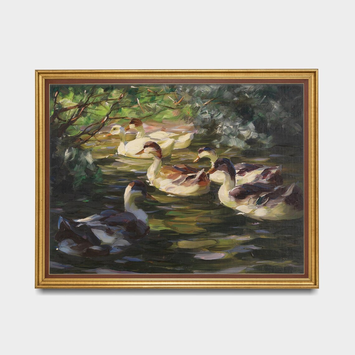 Six Ducks Swimming Pond Impressionist Vintage Bird Wildlife Art Poster - Image 5