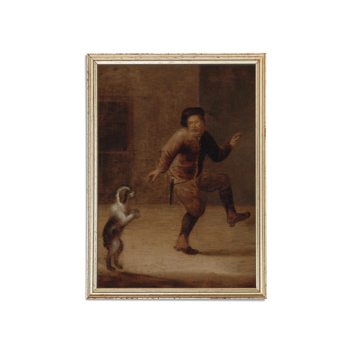Old Master Man Dancing With Small Dog Dark Moody Genre Art Poster - Image 3