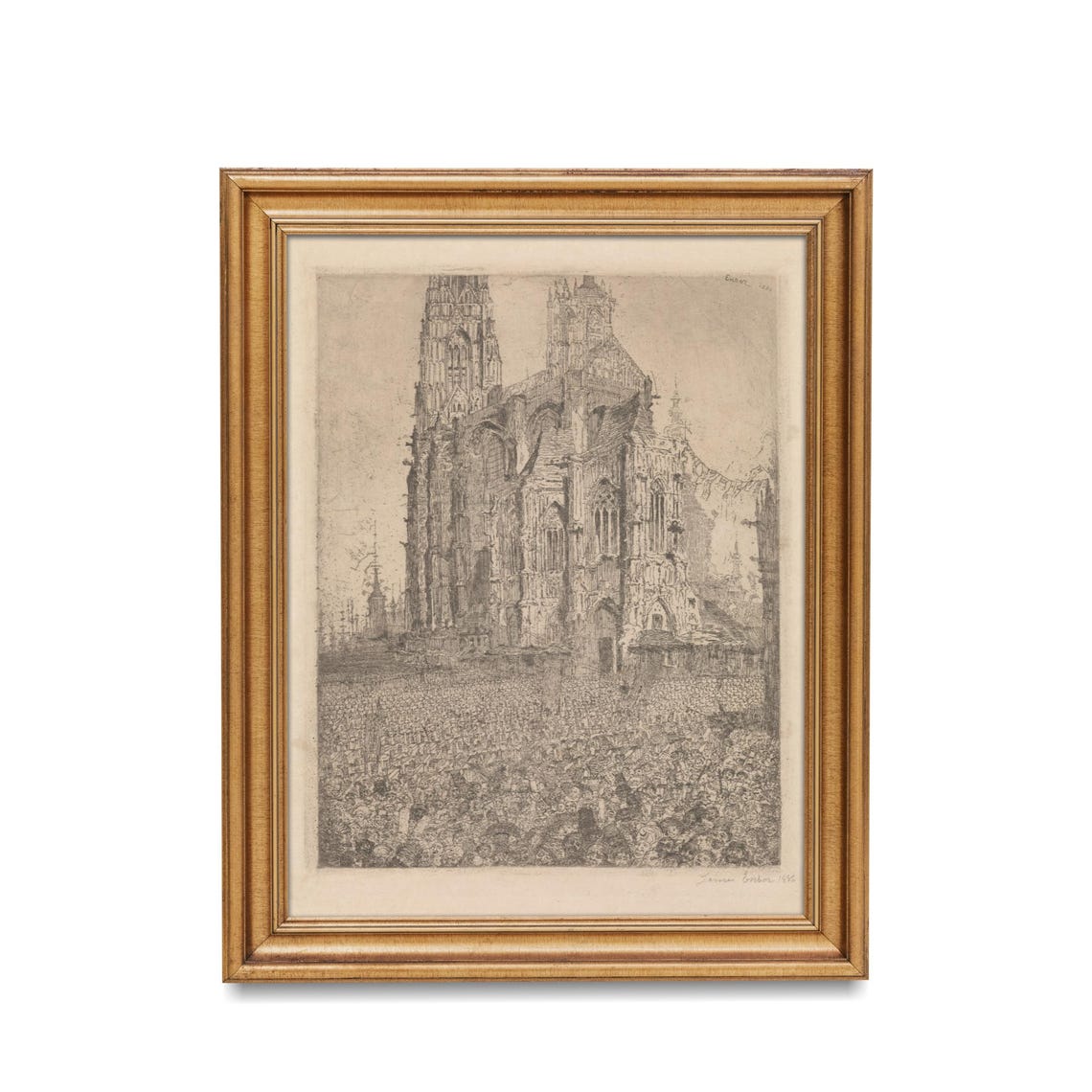 Antique Etching of a Gothic Cathedral with a Crowd Below Poster - Image 4