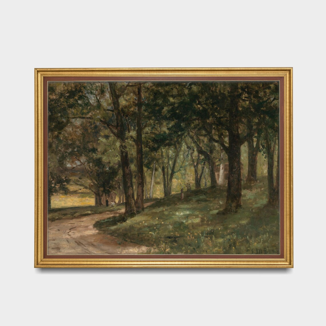 Woodland Path Through Tall Shady Trees with Walkers Vintage Oil Print - Image 3