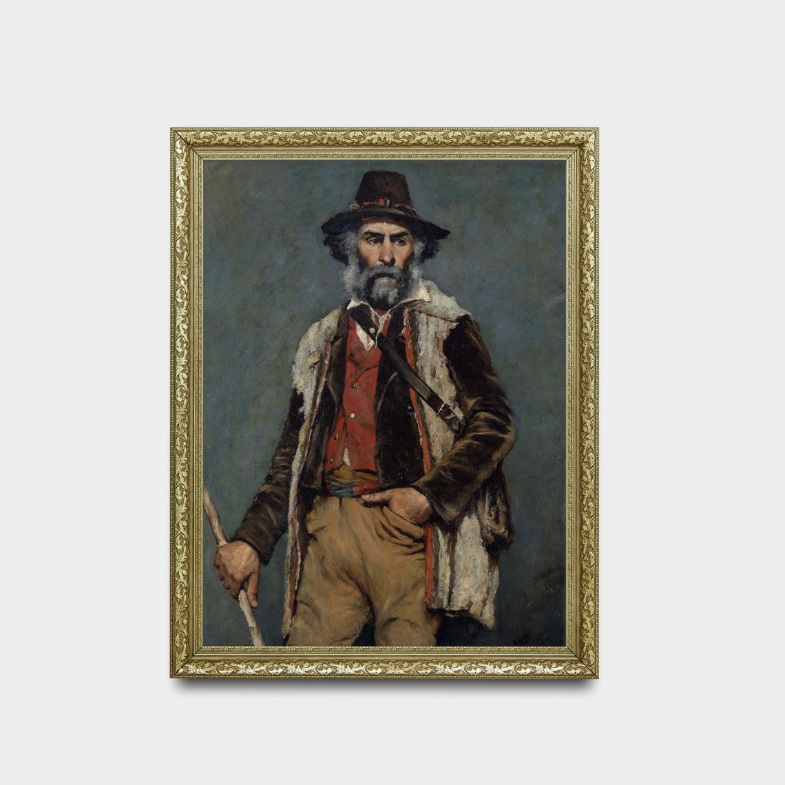 Bearded Traveller in a Hat with a Walking Staff Vintage Portrait Print - Image 2