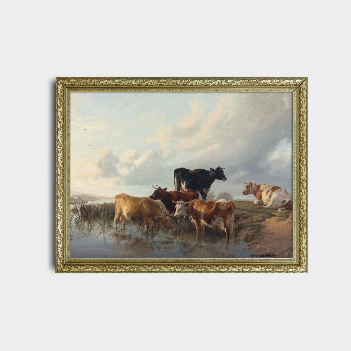 Cattle Watering at the Riverbank Antique Country Landscape Poster - Image 2