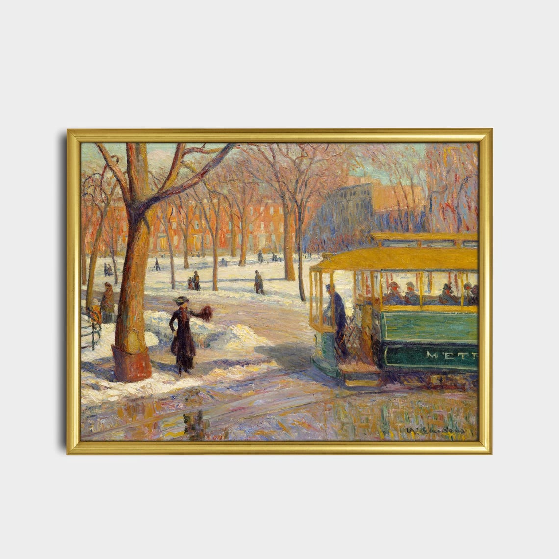 Green Tram in Snowy Park Vintage Streetcar Impressionist Poster - Image 2
