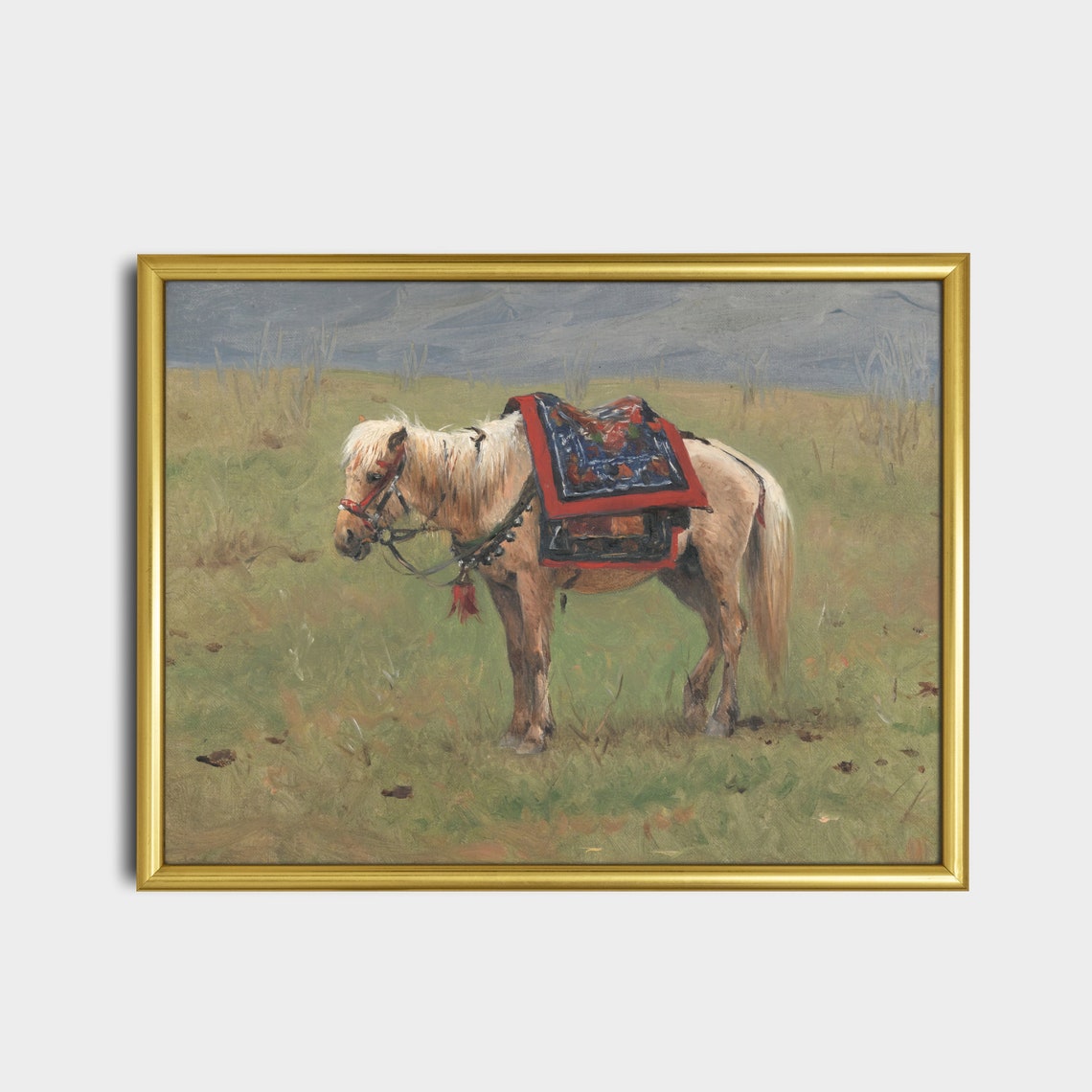 Saddled Mountain Pony In A Green Meadow Vintage Painting Poster - Image 2