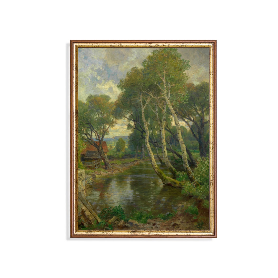 Birch Trees Leaning Over a Quiet Forest Stream Vintage Poster
