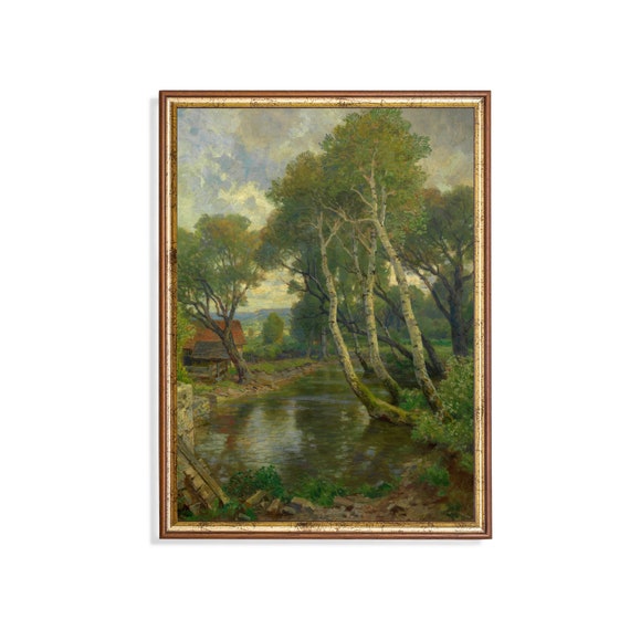 Printed And Shipped Vintage Landscape Wall Art Nature Inspired Home Decor Retro Artwork Poplars By The Pond Print Antique Art