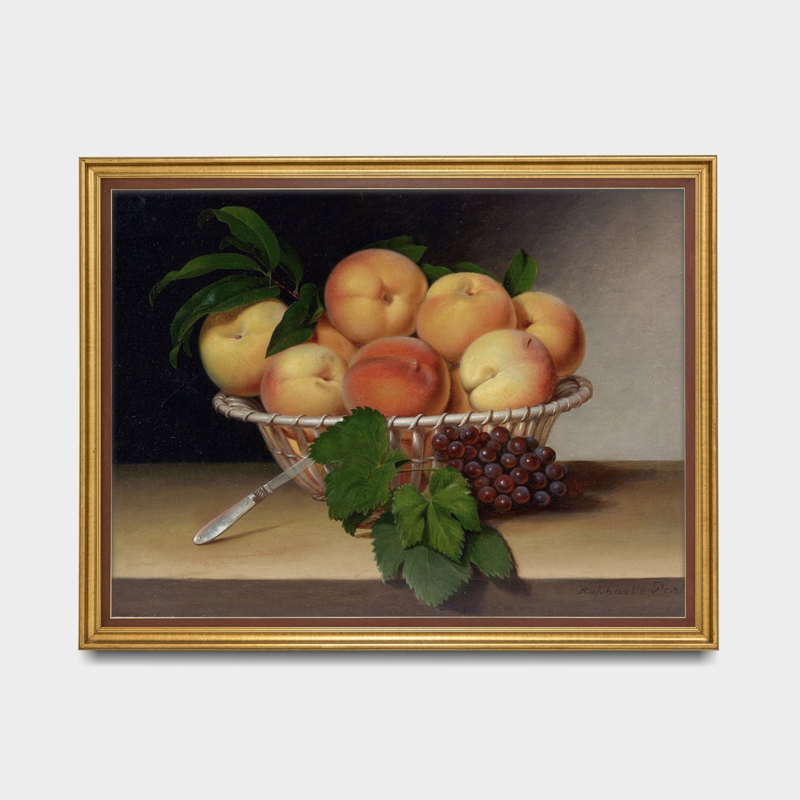 Wicker Basket of Peaches with Grapes Vintage Still Life Wall Art - Image 5