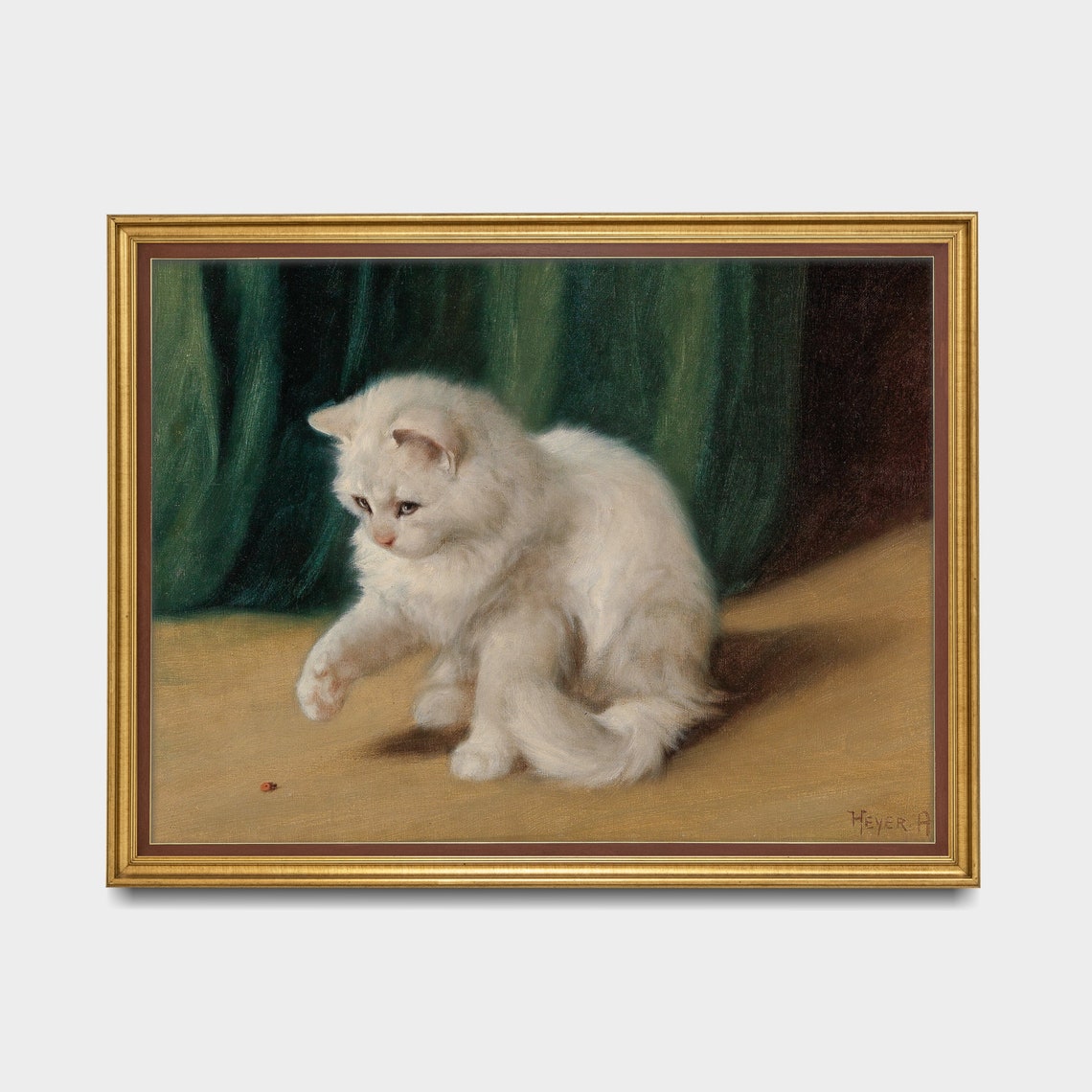 White Kitten Playing with a Ladybug Antique Cat Painting Poster - Image 3