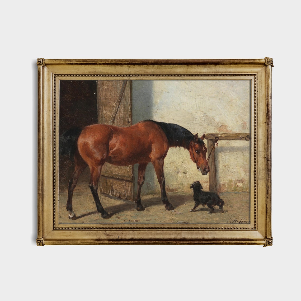 Chestnut Horse and Small Dog in Stable Yard Equestrian Painting Poster - Image 4