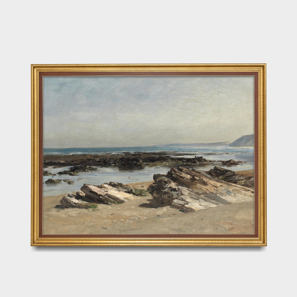 Rocky Shoreline with Tide Pools and Distant Cliffs Seaside Poster - Image 2