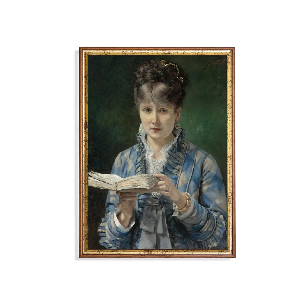 Vintage Woman Reading Book Portrait, Fine Art Print