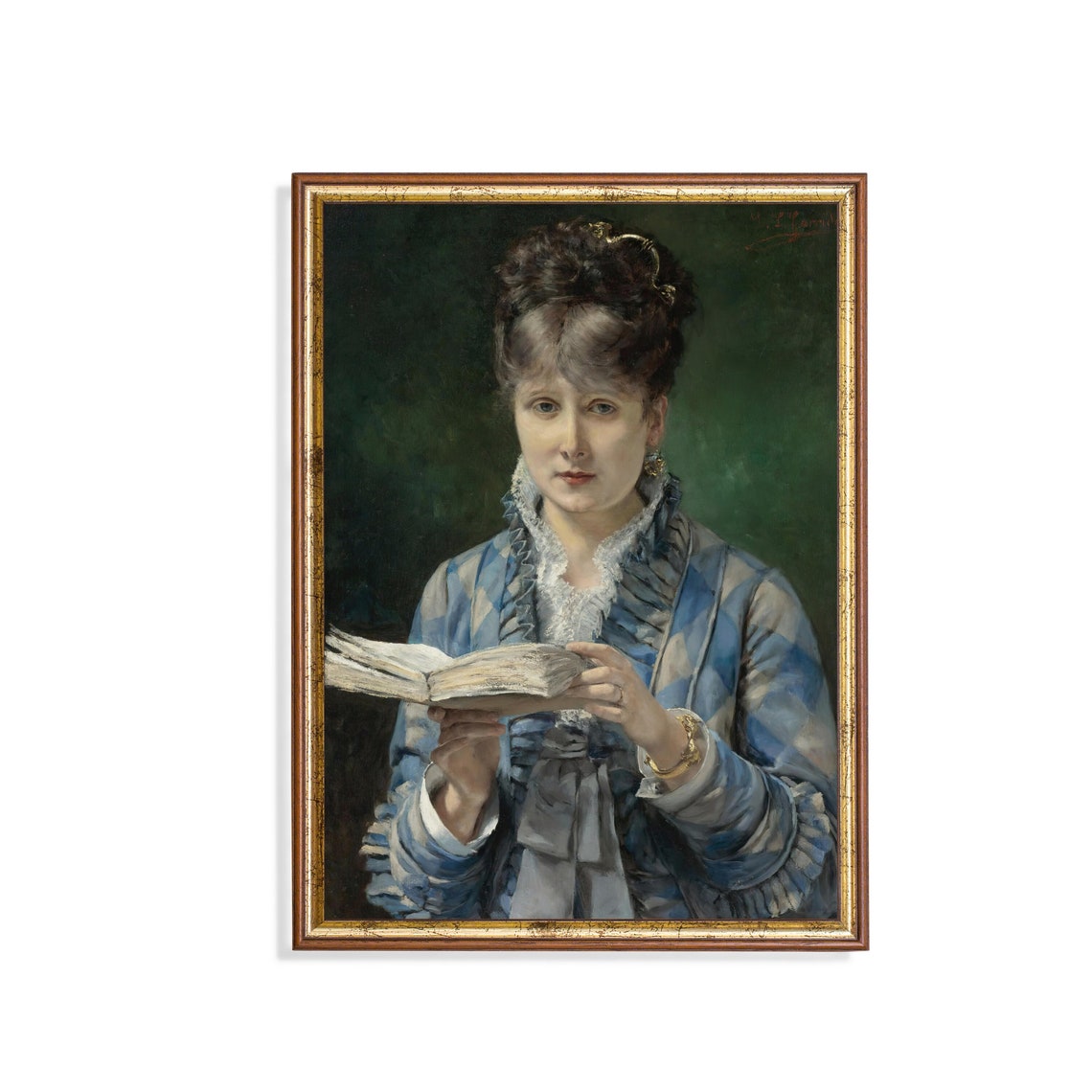 Woman in Blue Ruffled Dress Reading Book Dark Elegant Portrait Poster