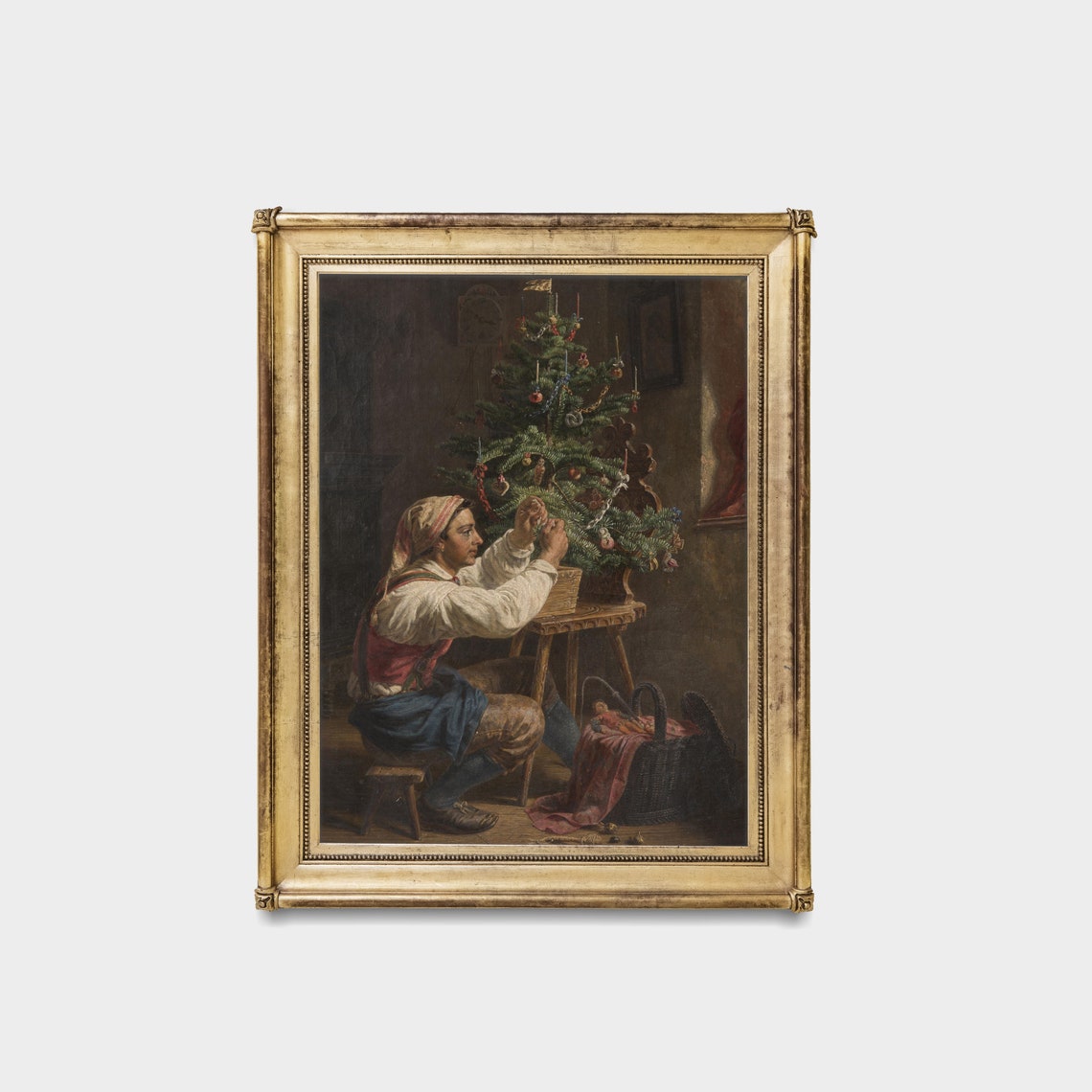 Man Decorating Christmas Tree in Rustic Interior Vintage Poster - Image 3