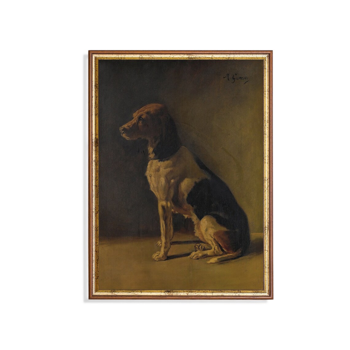 Moody Antique Hound Dog Portrait Seated Against a Dark Backdrop Poster