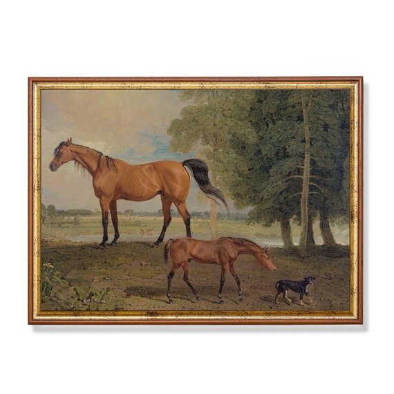 Printed And Shipped Vintage Horse Painting Antique Equestrian Art Dog And Horse Art Farm Animal Moody Rustic Art Physical Prints