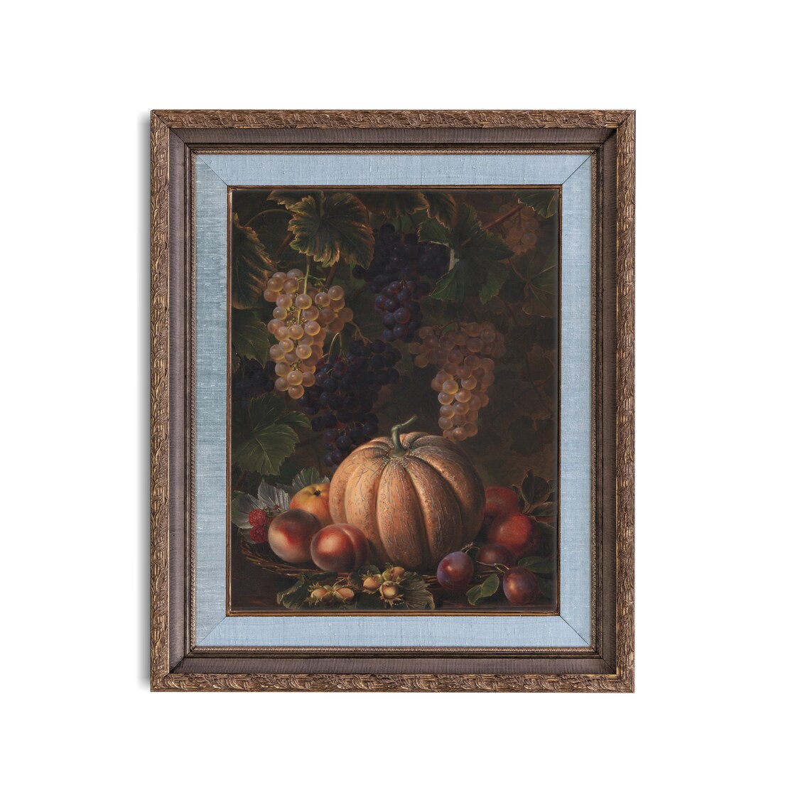 Moody Vintage Fruit Still Life Oil Painting Poster with Melon and Grapes - Image 3