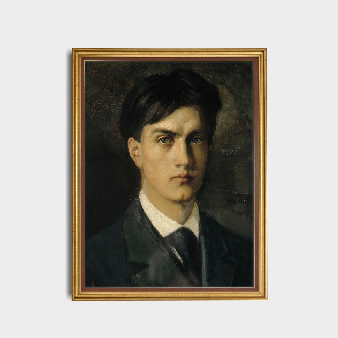 Young Dark-Haired Gentleman Signed Paris Antique Portrait Poster - Image 4