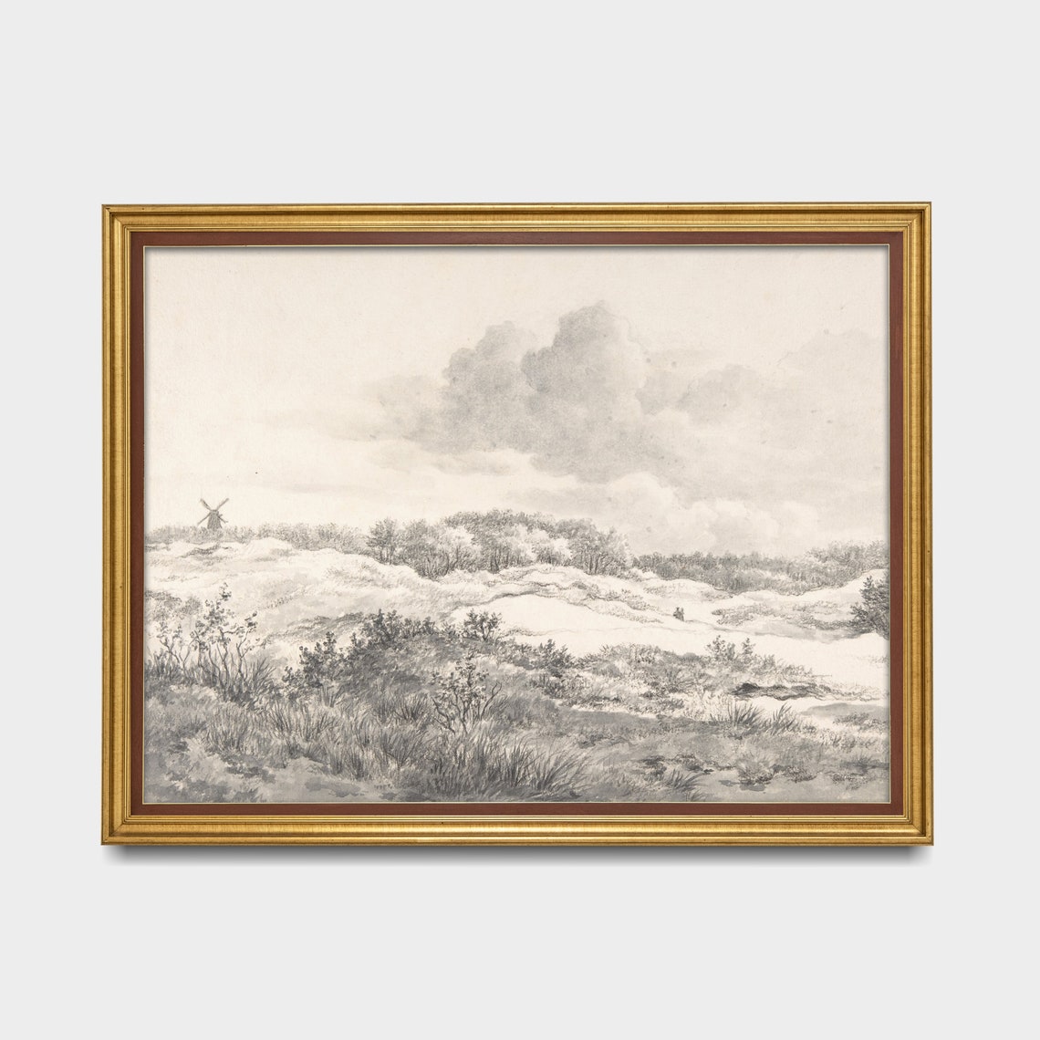 Dutch Dunes with Windmill Delicate Monochrome Pencil Sketch Poster - Image 3