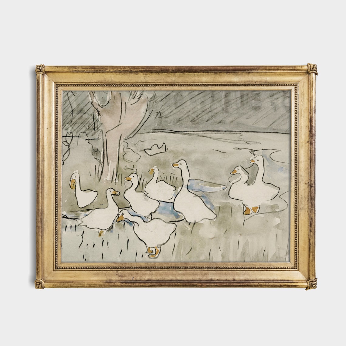 White Geese Walking by the Water Loose Watercolor Sketch Poster - Image 4