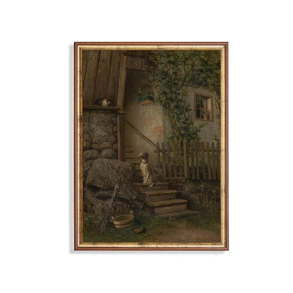 Dog and Cat on Rustic Cottage Steps Vintage Animal Painting Poster