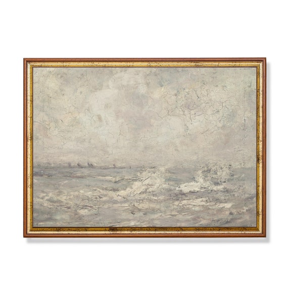 Vintage Seascape Painting Antique Ocean Beach Print Rustic Moody Oil Painting Coastal Decor Wall Art