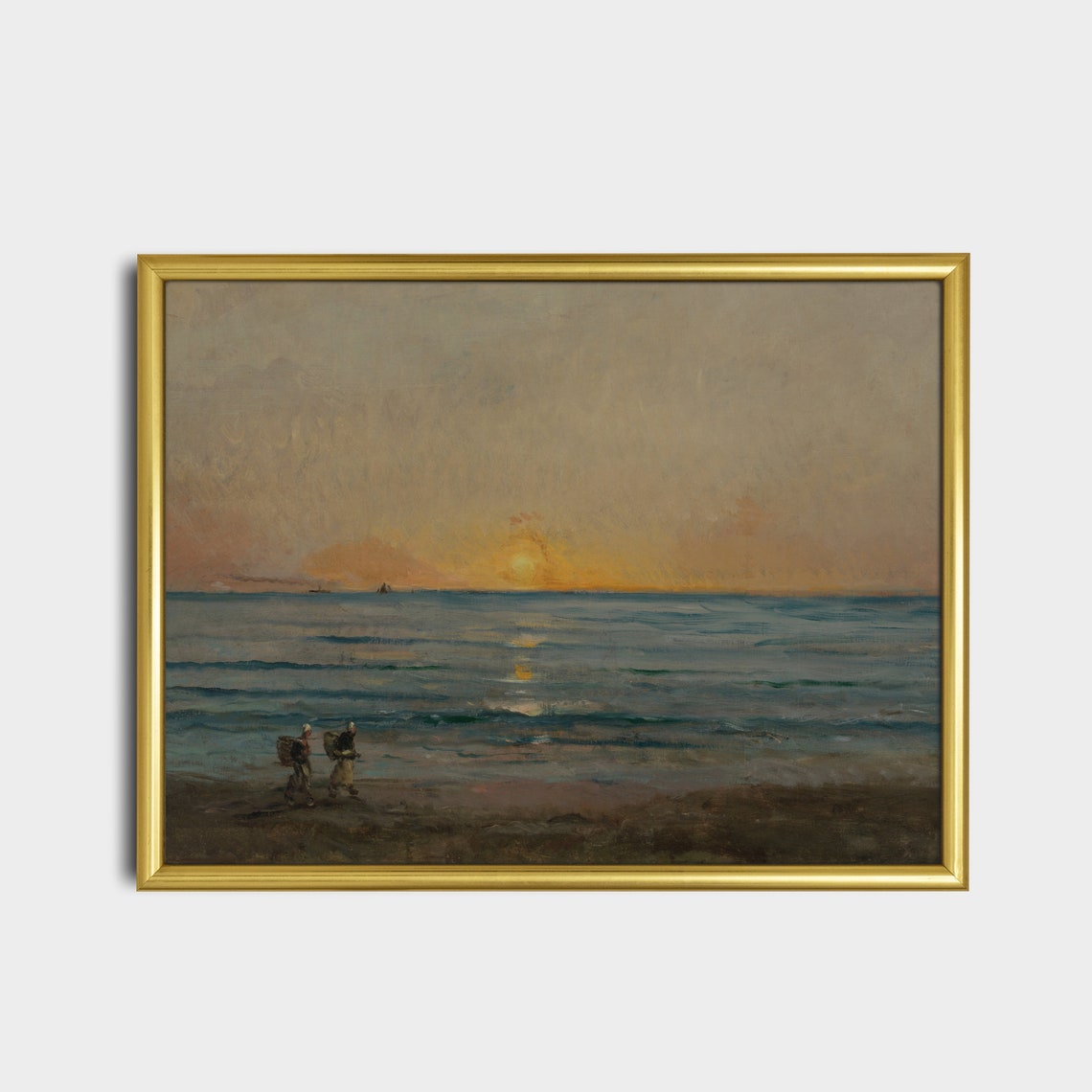 Two Small Figures Walking Along the Beach at Sunset Vintage Poster - Image 5