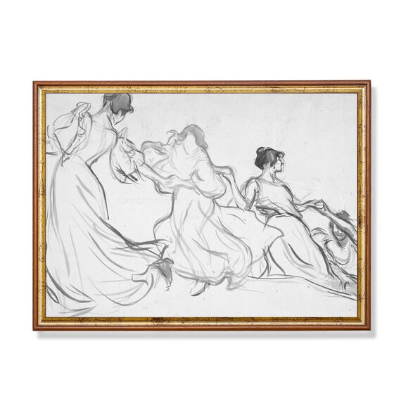 Three Dancing Women Flowing Dresses Ink Sketch Vintage Figure Study Print