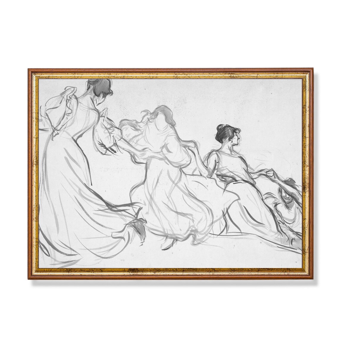 Three Dancing Women Flowing Dresses Ink Sketch Vintage Figure Study Print