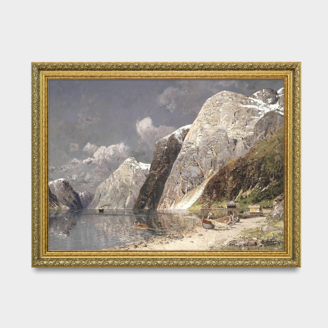 Vintage Norwegian Fjord Painting Snowy Mountains Lake Wall Art - Image 2