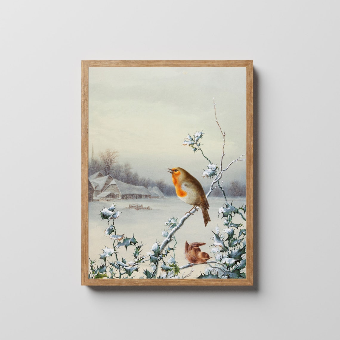 Robin and Wren Perched on Snowy Holly Branch Winter Bird Poster - Image 2