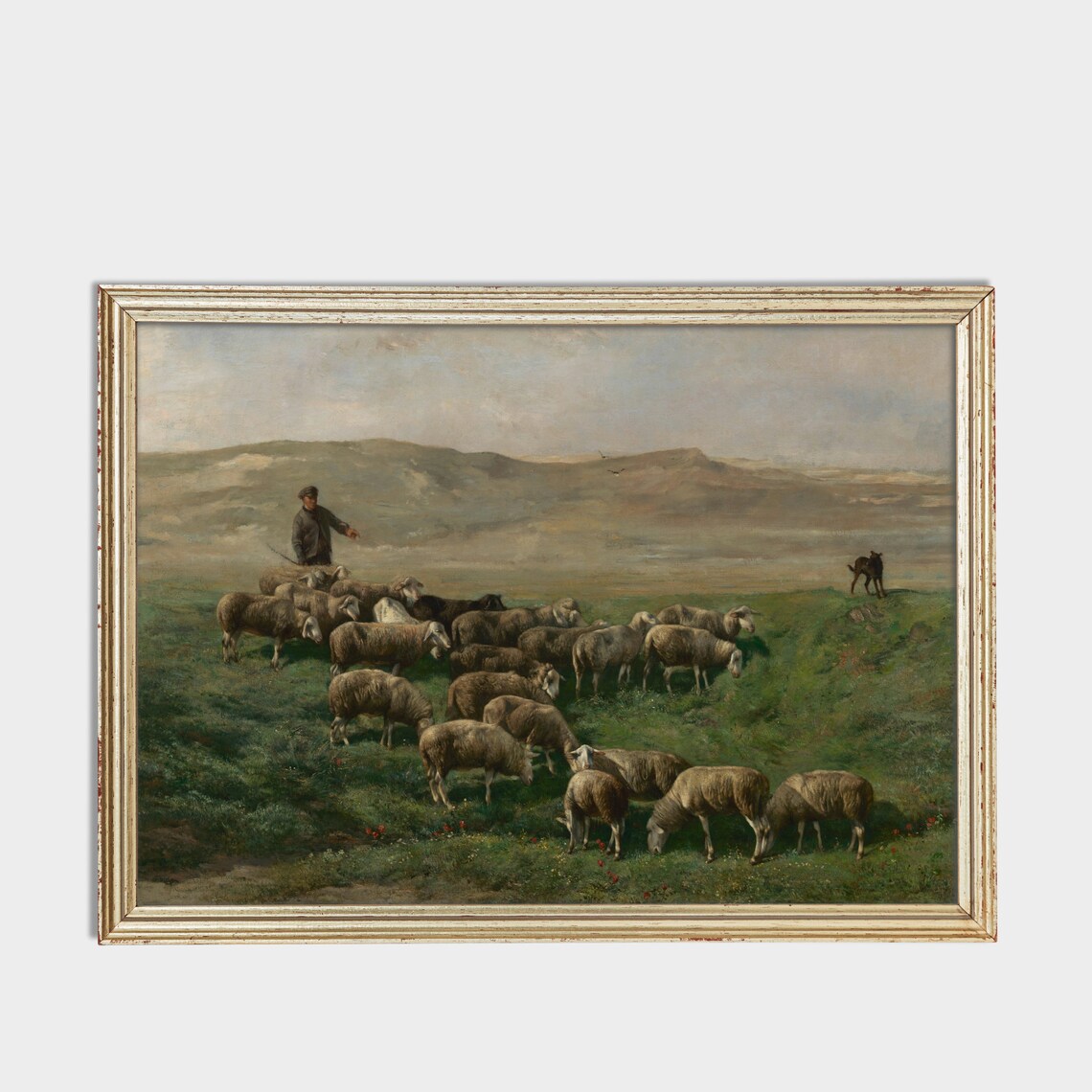 Shepherd Guiding Sheep On Hills Vintage Pastoral Painting Poster - Image 2