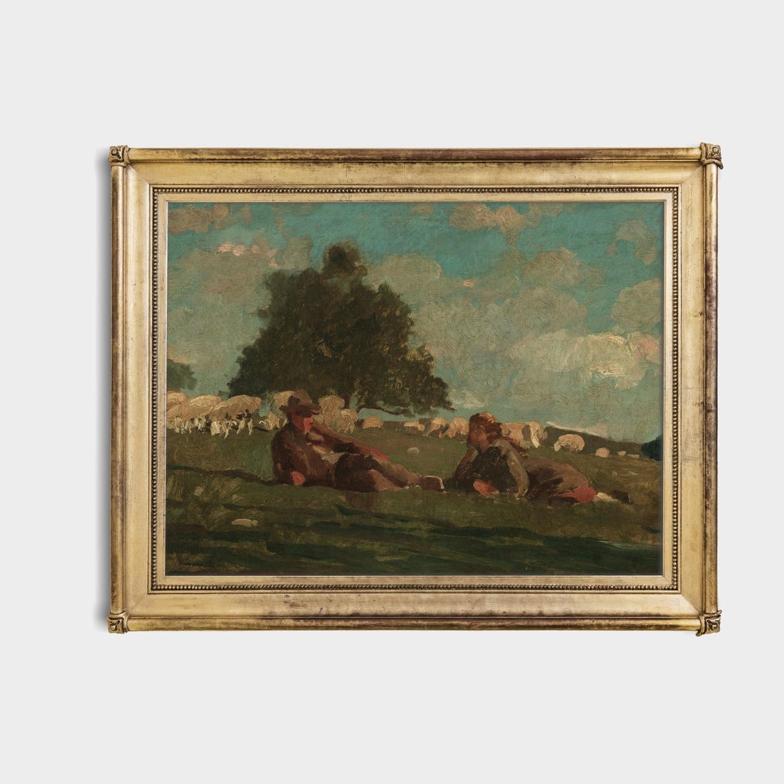 Boy and Girl Resting With Their Sheep in a Green Pasture Poster - Image 4