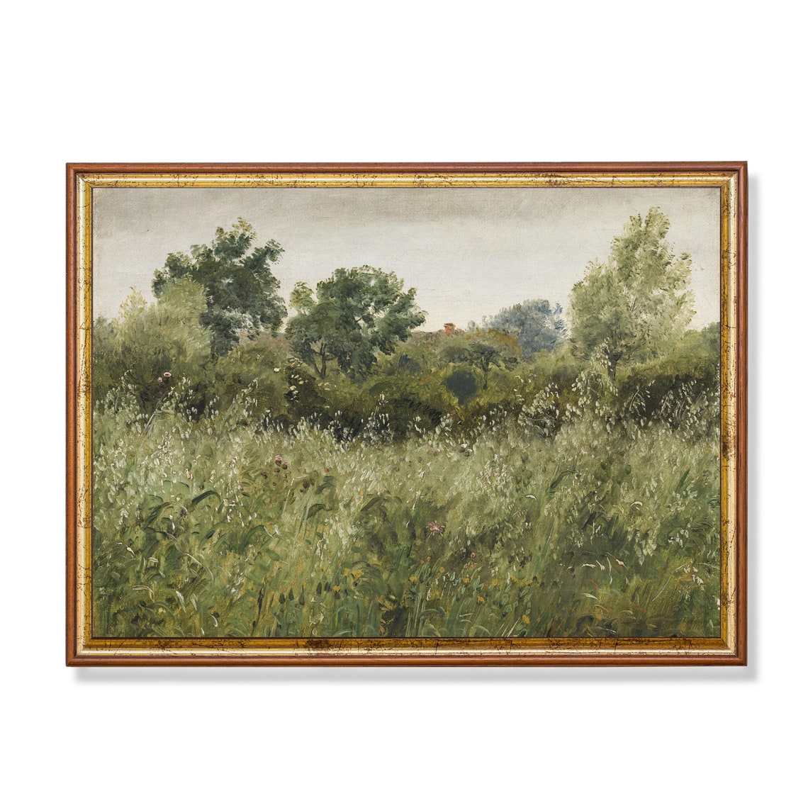 Green Meadow of Wildflowers Before a Distant Tree Line Vintage Poster
