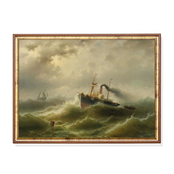 Printed And Shipped Vintage Steamboat Painting Antique Ocean Print Rustic Moody Artwork Nautical Decor Physical Prints Fine Art