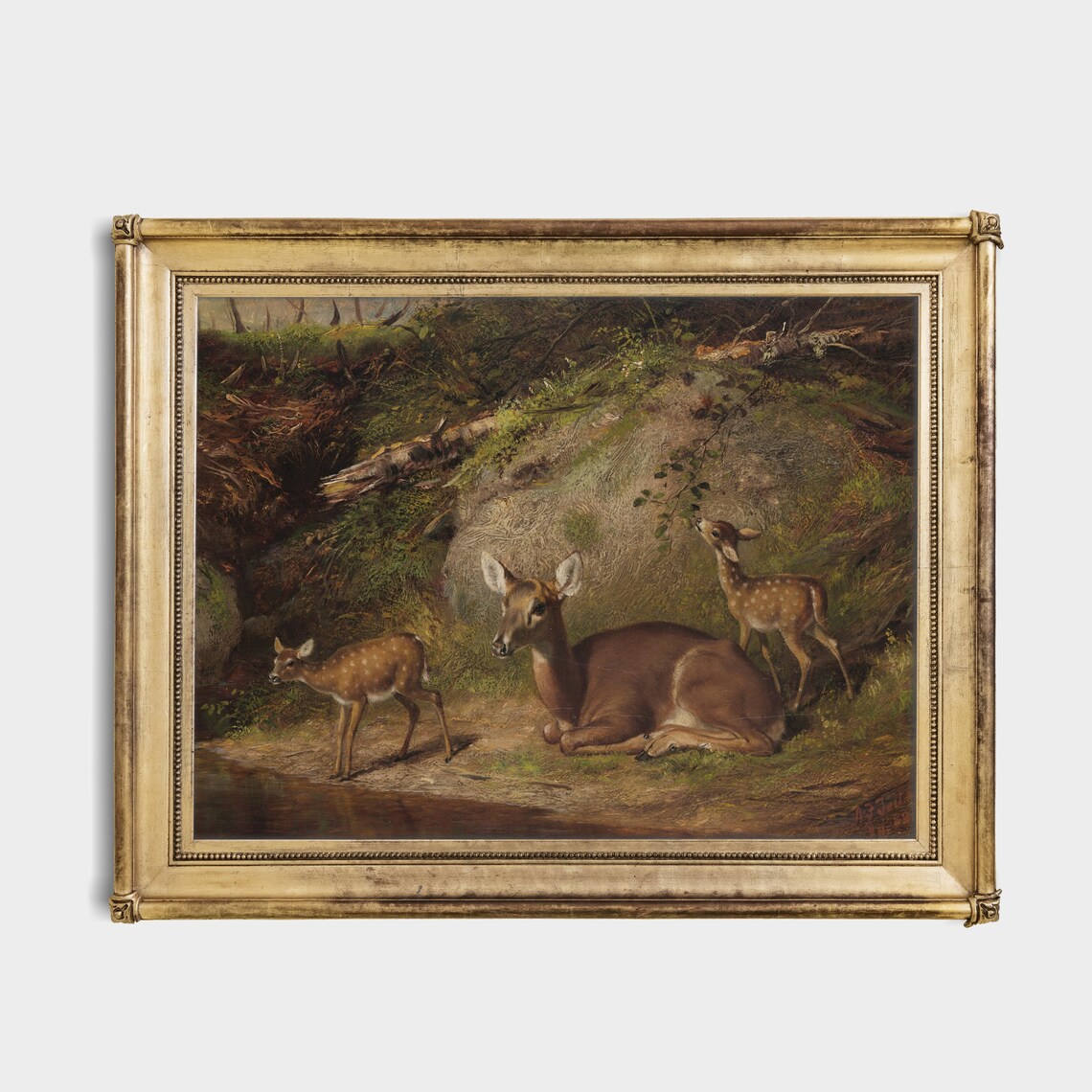 Doe With Two Fawns by a Woodland Stream Antique Deer Painting Poster - Image 2