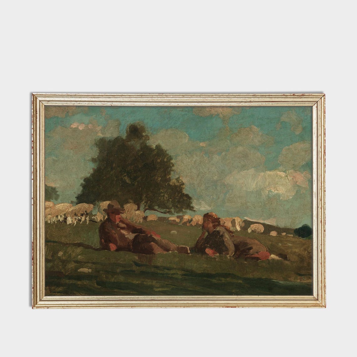 Boy and Girl Resting With Their Sheep in a Green Pasture Poster - Image 3