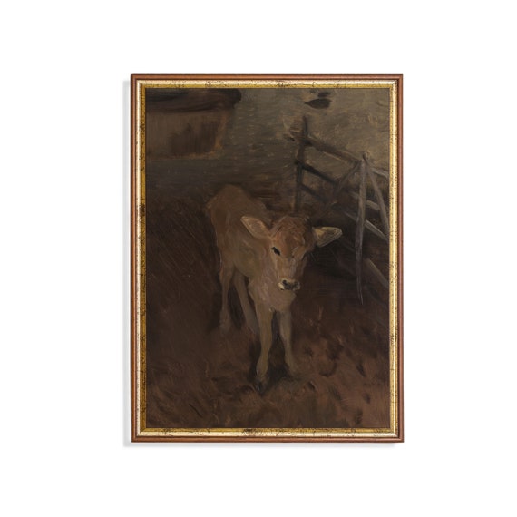 Printed And Shipped Vintage Cow Painting Antique Animal Print Moody Rustic Art Farmhouse Country Decor Fine Art Mailed Print