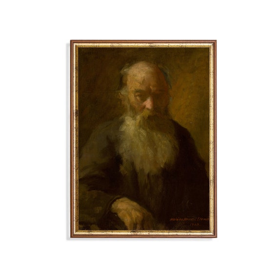 Printed And Shipped Old Man Portrait With Grey Beard Vintage Portrait Painting Dark Moody Rustic Print Oil Painting Physical Print