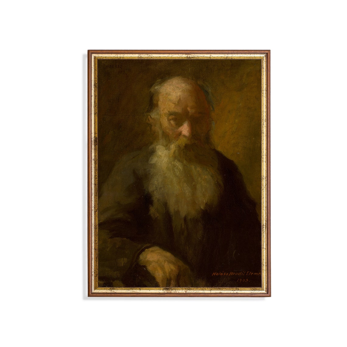 Old Man With Grey Beard Dark Moody Vintage Portrait Painting Poster