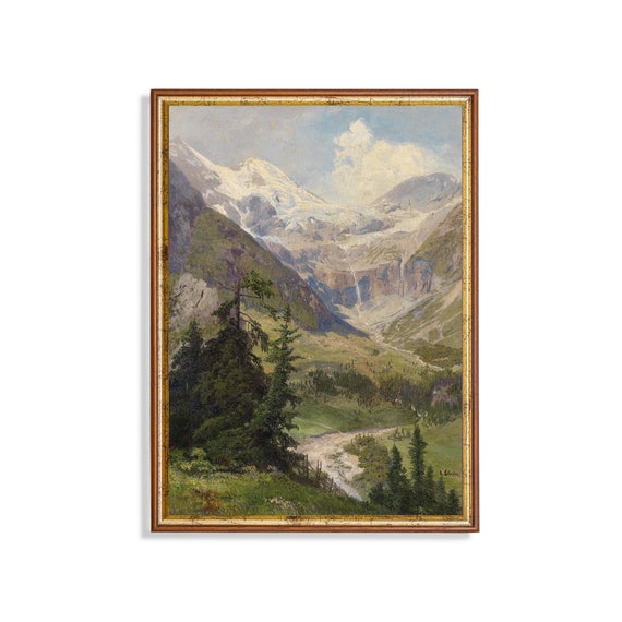 Print And Ship Vintage Mountain Painting Antique Landscape Print Mailed Art Rustic Forest Art Livingroom Vertical Art