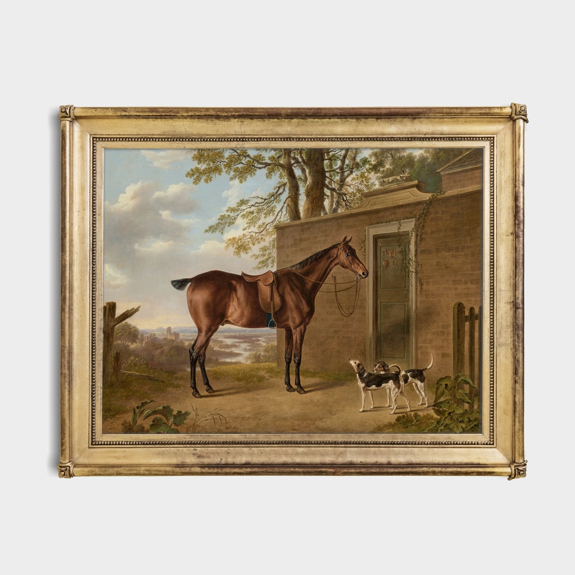 Antique Saddled Chestnut Horse by a Stable with Two Hounds Poster - Image 2