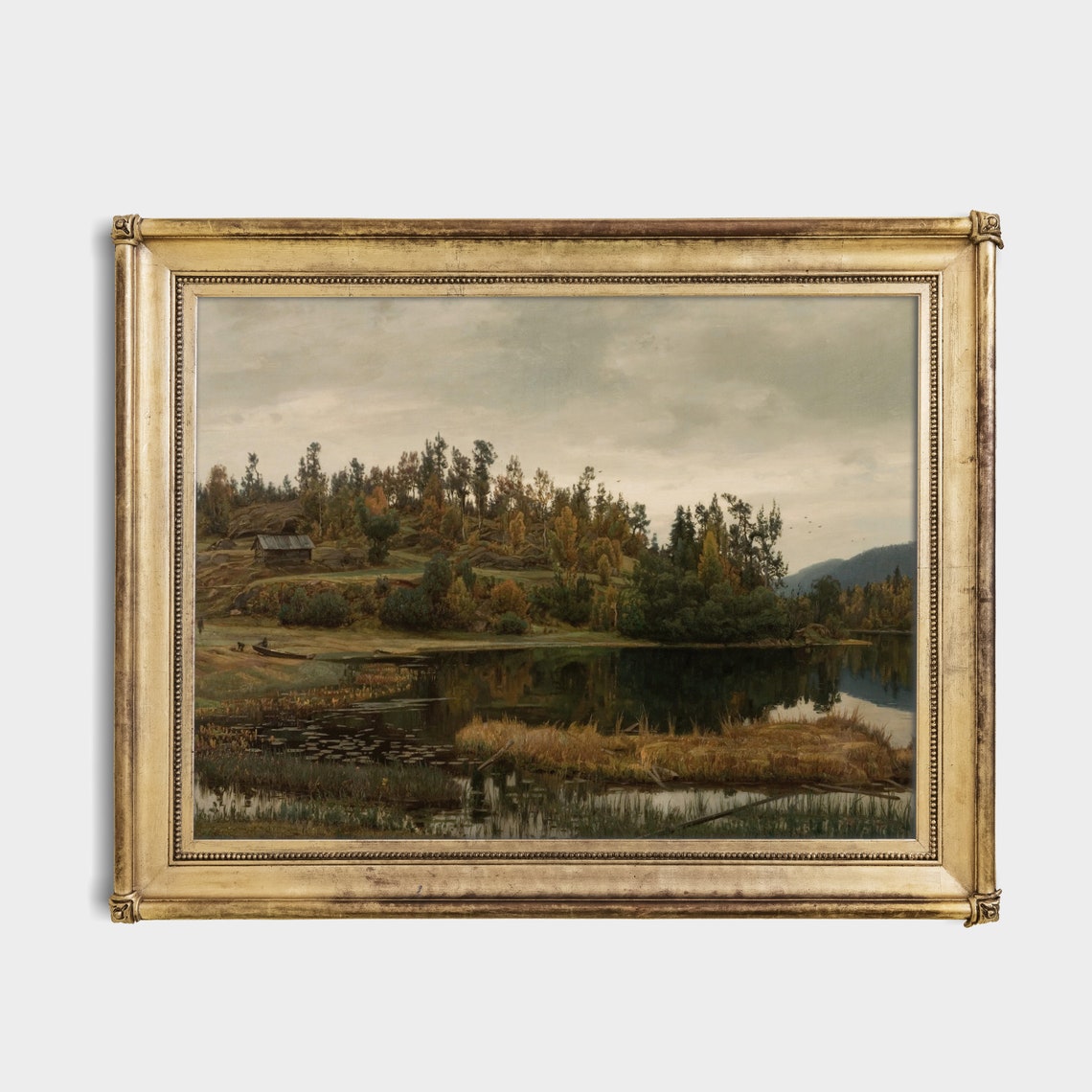 Autumn Lakeshore with Cabin Boat and Reflections Vintage Poster - Image 2