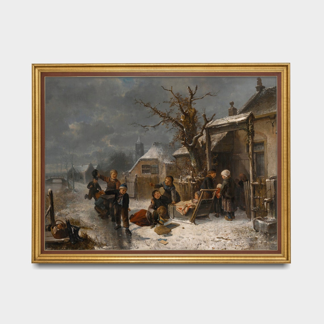 Children Sledding Outside a Winter Cottage Vintage Snow Scene Poster - Image 3