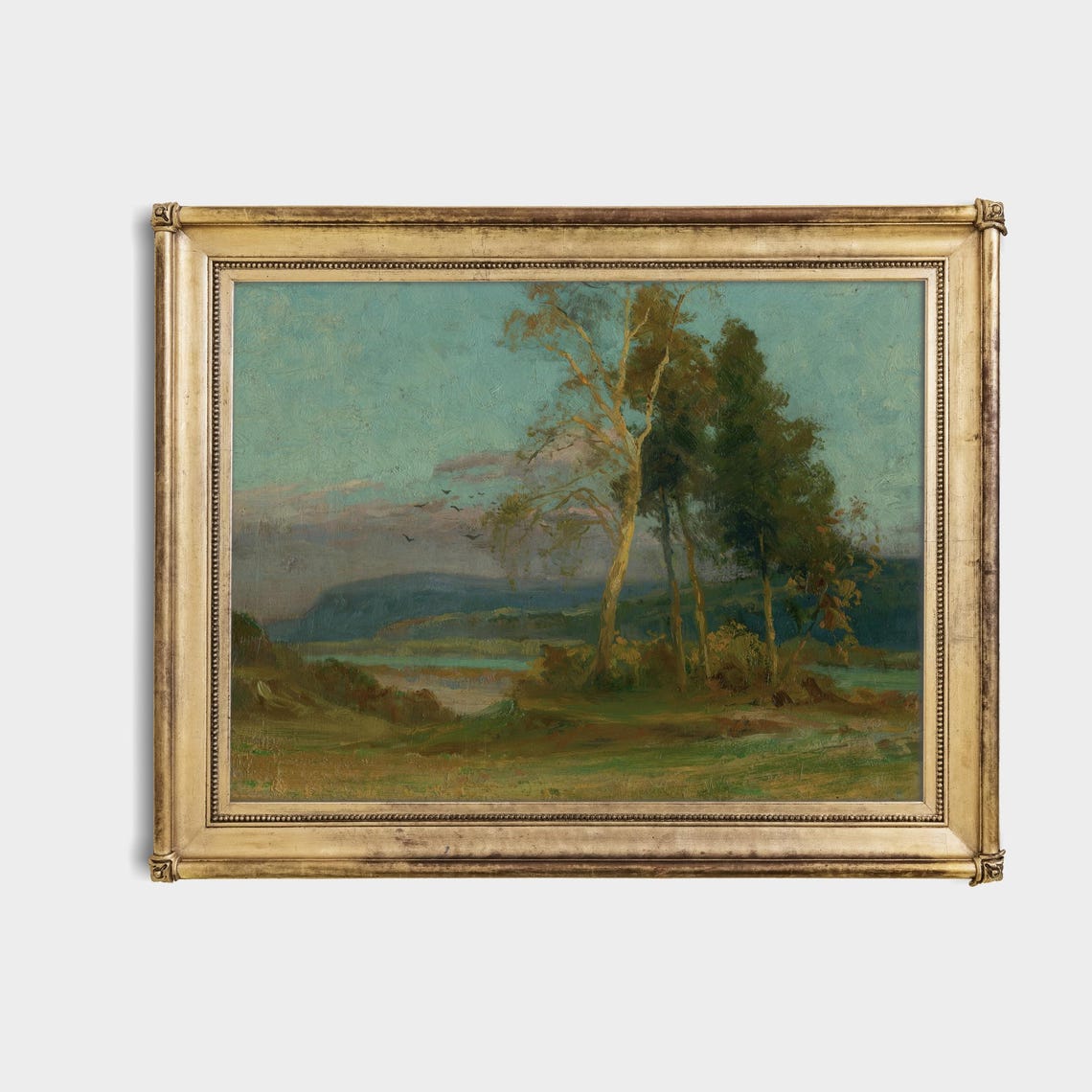 Tall Slender Trees Beside a Still River Under a Teal Sky Poster - Image 4